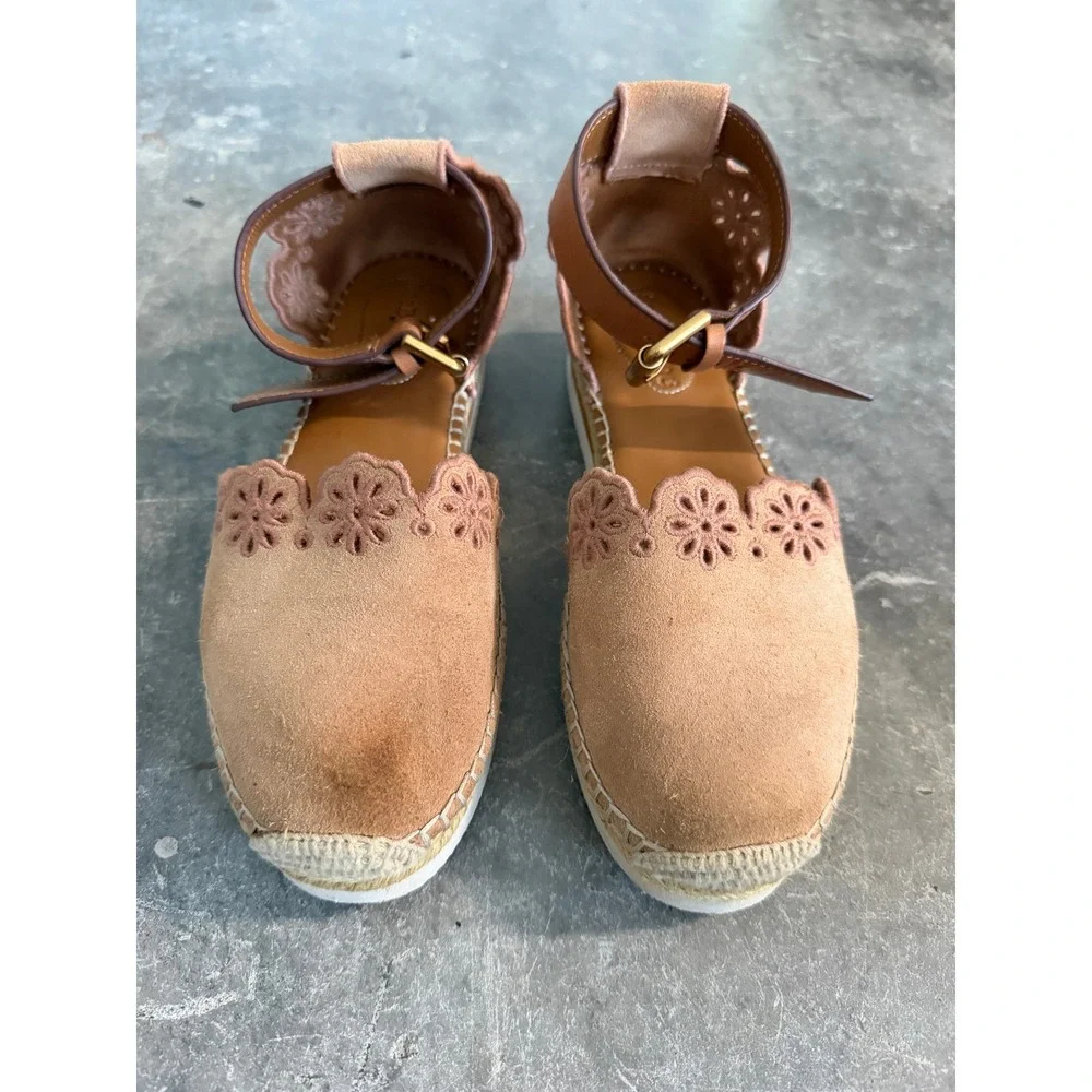 See By Chloe Glyn Suede Scalloped Espadrille Platform Ankle Strap Sandals Tan 36